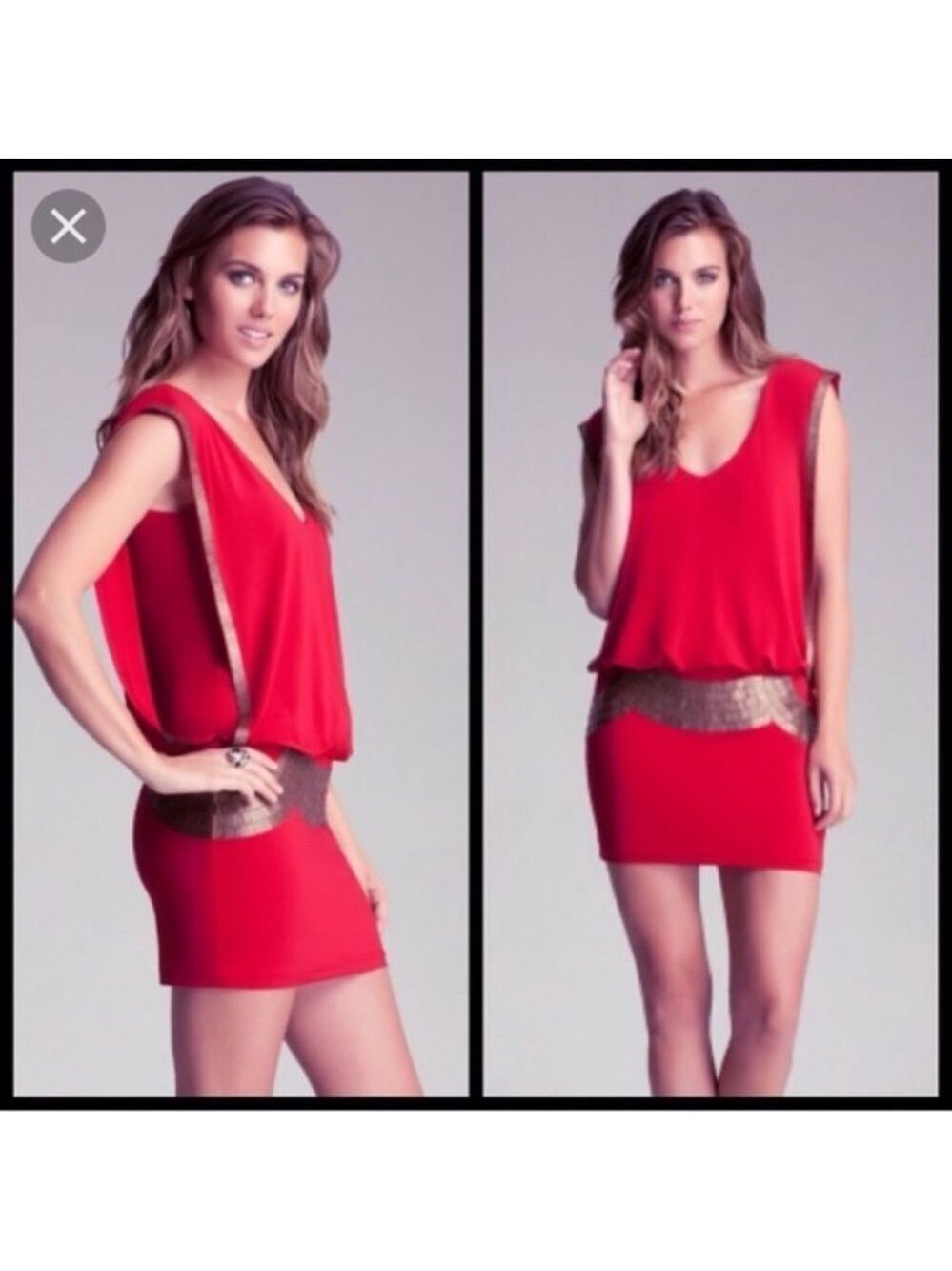BEBE coral red gold sequin open sleeve V-neck mini dress Sz S